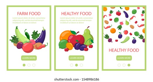 Healthy food mobile web banner template design set. Fresh vegetarian meal, composition of fruit. Diet and organic nutrition.