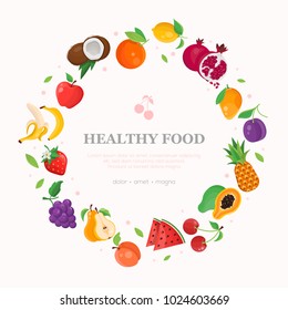 Healthy food - modern colorful vector illustration on light background with place for your text. High quality poster with different fruit, banana, watermelon, apple, grape, coconut, lemon, strawberry
