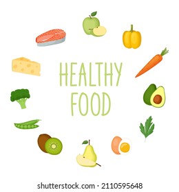 Healthy food. Motivational banner with handlettering. Vegetables, fruits, healthy products. Vector illustration