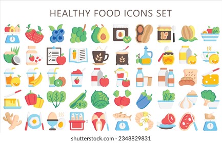 Healthy food multi color icons pack. contain fruit, vegetable, food, meal, salmon, meat, milk and more. use for modern concept, UI or UX kit, web and app. vector EPS 10 ready convert to SVG. svg