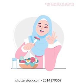 healthy food muslim girl character illustration