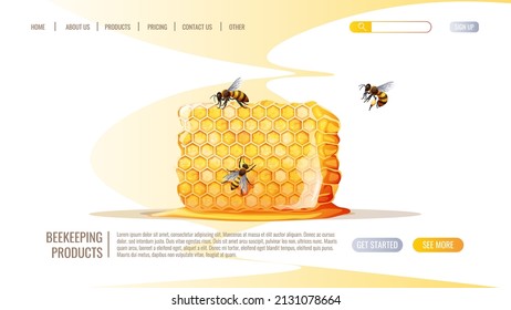 Healthy Food, Natural Product. Honeycomb, Honey, Bees. Honey Shop Web Page Design Template. Vector Illustration For Banner, Web Page, Cover