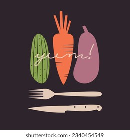 Healthy food, natural veggies, fork, knife, cutlery, text "Yum!". Vector clipart with kitchenware, food in flat style. Vegetarian, vegan illustration for menu cafe, restaurant, social media, design.	
