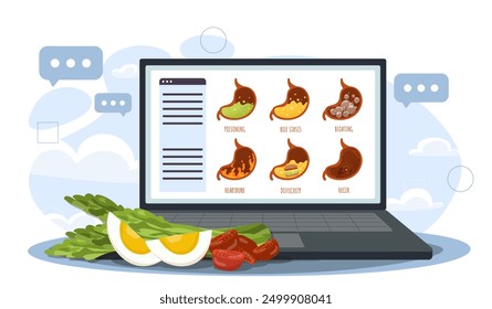 Comida saludable cerca de la computadora portátil. Pedazos de huevos y tomates con lechuga cerca de la computadora. Alimentación y nutrición adecuadas. Consulta nutricionista online. Ilustración vectorial plana aislada sobre fondo blanco