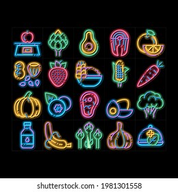 Healthy Food neon light sign vector. Glowing bright icon  Vegetable, Fruit And Meat Healthy Food Pictograms. Strawberry And Orange, Blueberry And Pumpkin, Eggs And Fish Illustrations