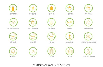 Alimentos saludables y sin iconos de ingredientes alérgicos. Ilustración de material vectorial aislada sobre fondo blanco para pegatinas de diseño de embalaje - GMO, BPA, MSG, metal pesado, pesticidas, sin relleno. EPS 10