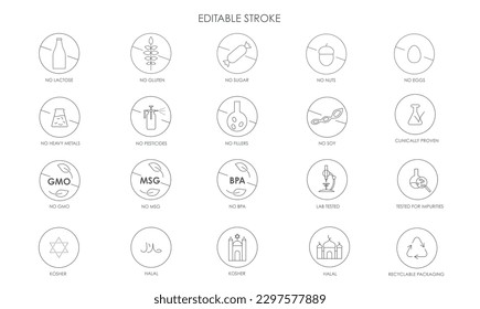 Healthy food and no allergen ingredient icons pack. Vector stock illustration isolated on white background for packaging design stickers - GMO, BPA, MSG, heavy metal, pesticides, filler free. EPS 10