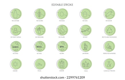 Alimentos saludables y sin iconos de ingredientes alérgicos. Ilustración de material vectorial aislada sobre fondo blanco para pegatinas de diseño de embalaje - GMO, BPA, MSG, metal pesado, pesticidas, sin relleno. EPS 10