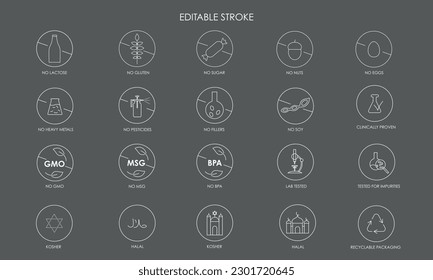 Healthy food and no allergen ingredient icons pack. Vector stock illustration isolated on black background for packaging design stickers - GMO, BPA, MSG, heavy metal, pesticides, filler free. EPS 10