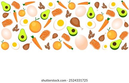 Gesunde Ernährung Hintergrund. Gemüse, Avocado, Lachs, Ei, Karotte, Orange, Huhn. Mandeln, Vektorgrafik. Speisen und Speisen.