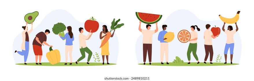 Alimentos saludables, nutrición y dieta con verduras y frutas frescas del jardín. Gente pequeña que sostiene la cosecha orgánica de la vitamina para comer, cocinar platos vegetarianos en la Ilustración vectorial de dibujos animados de la cocina