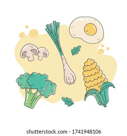healthy food nutrition diet organic fried egg onion broccoli corn mushroom vector illustration