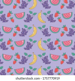 healthy food nutrition diet organic watermelon grapes banana strawberry background vector illustration