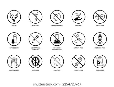 Healthy food and nutrition icons set, food labeling and information