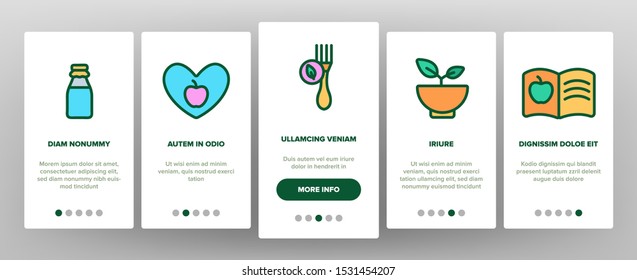 Healthy Food Nutrition Onboarding Mobile App Page Screen Vector Thin Line. Honey, Broccoli And Apple Ingredients Health Breakfast Food Concept Linear Pictograms. Contour Illustrations