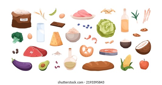 Healthy food, nutritions set. Meat, dairy products, vegetables, fruits, oil, avocado and flour, bread. Protein, carbs and fat eating. Flat cartoon vector illustrations isolated on white background