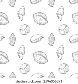 Healthy food nuts and seeds, seamless pattern with walnut, hazelnut, pistachio and almond. Outline graphics.