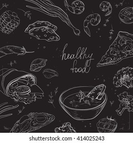 Healthy Food on Blackboard. Vegan cuisine. Raw foods. Vegetarian. Organic product store or restaurant menu. Vector illustration. Fast food.