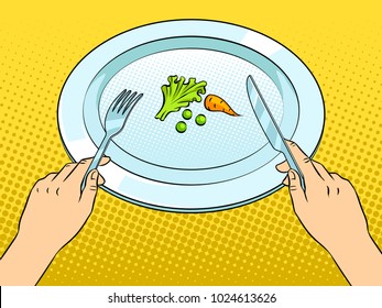 Healthy food on plate pop art retro vector illustration. Diet starvation. Color background. Comic book style imitation.