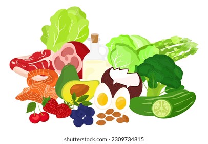 Healthy food on white background. Fresh vegetables and fruits for healthy concept, diet. Vector illustrations of Ketojenic diet foods: lettuce, meat, beef, salmon, avocado, coconut oil, almond, egg.