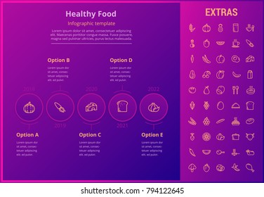 Healthy food options infographic template, elements and icons. Infograph includes line icon set with food plate, restaurant meal ingredients, eat plan, healthy fruits and vegetables, milk product etc.