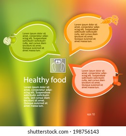 Healthy food & organic menu icons. Modern infographic style bubble speak chart  on glow bright background. Vector illustration eps 10 for cover page magazine or web banner 