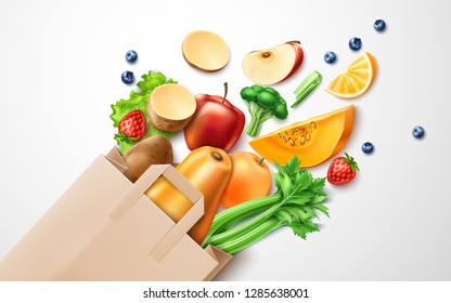 Healthy food from organic shop, farm market concept. Realistic vegetables, vector fruits from paper shopping bag. Broccoli, pumpkin, apple slice strawberry and blueberry, celery and salad orange slice - Shutterstock ID 1285638001