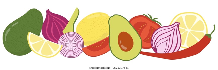 Healthy food organic vegetables. Hand drawn tomato, red onion, avocado, lemon and chili pepper.