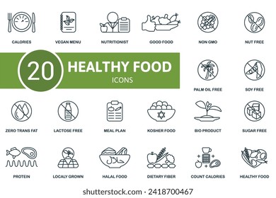 Healthy food outline icons set. Creative icons: calories, vegan menu, nutritionist, good food, non gmo, nut free, palm oil free and more