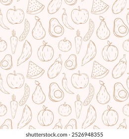 Healthy food outline pattern. Doodle hand draw vegetables and fruits seamless pattern. Organic healthy veggie food pattern