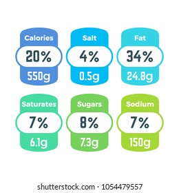 Healthy food packing nutrition labels with calories and grams information vector set. Nutrition energy food, ingredient info, sodium and fat illustration