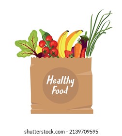 Healthy food in a paper bag, food basket. Set for grocery shopping. 