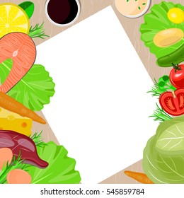 Healthy food and paper vector blank template on the table.