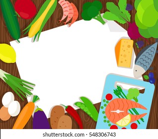Healthy food and paper vector blank template, top view