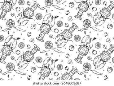 Padrão alimentar saudável com animais aquáticos. Vetor desenhado à mão sobre branco.