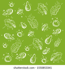 Healthy Food Pattern On Green Background. Vector Graphic.