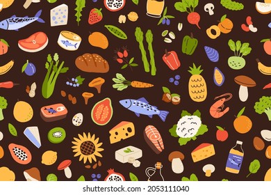 Healthy food pattern. Seamless background with organic vitamin vegetables and fruits, fresh meat and fish. Endless repeating grocery texture. Colored flat vector illustration for printing and decor