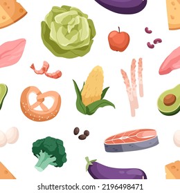 Healthy Food Pattern. Seamless Background With Groceries. Repeating Print With Different Vegetables, Fruits, Meat, Cheese And Fish. Vitamin Nutritions Texture Design. Flat Cartoon Vector