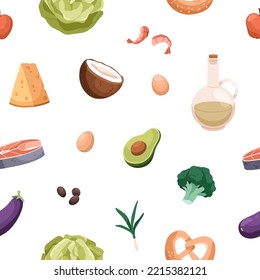 Healthy food pattern. Seamless background design with groceries, vitamin nutritions repeating print. Endless texture with oil, cheese, eggs, vegetables, avocado, olives. Flat vector illustration