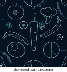 Healthy food pattern. Stylish image of healthy food. Carrots, avocados, citrus fruits, eggs, bananas, strawberries, cucumbers and broccoli in one pattern.