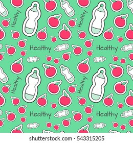 Healthy food pattern vector seamless. Bottle of water and apple background. Fresh print for eco products, bio organic shops, detox diet and vegan cafe.