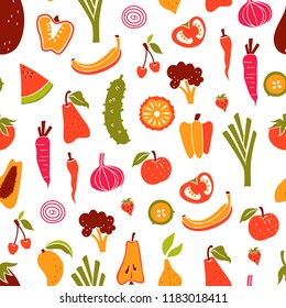 Healthy Food Pattern. Vegetarian Hand Drawn Seamless Background.