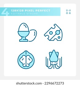 Healthy food pixel perfect blue RGB color icons set. Balanced diet. Grocery items. Wellness program. Prep meals. Isolated vector illustrations. Simple filled line drawings collection. Editable stroke