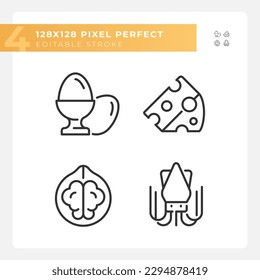 Healthy food pixel perfect linear icons set. Balanced diet. Grocery items. Wellness program. Prep meals. Customizable thin line symbols. Isolated vector outline illustrations. Editable stroke