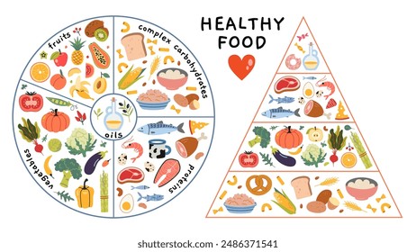 Healthy food plate and eating pyramid concepts. Infographics with the required proportions of diet.  Vegetables, fruits, proteins, carbs and oils. Vector isolated illustration, flat design