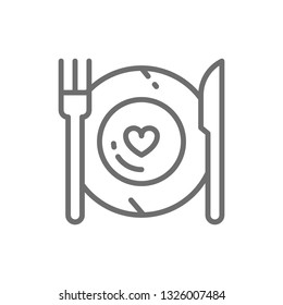 Healthy food, plate with fork and knife, restaurant menu line icon.