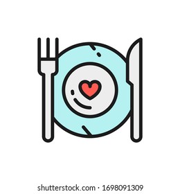 Healthy Food, Plate With Fork And Knife, Restaurant Menu Flat Color Line Icon.