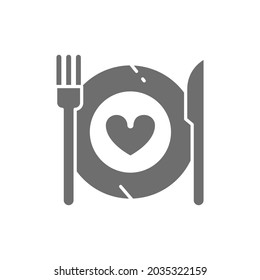 Healthy food, plate with fork and knife, restaurant menu grey icon.