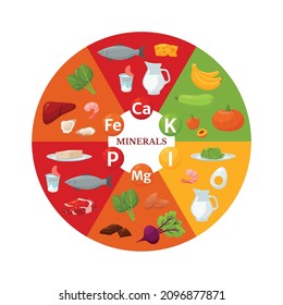 Healthy food plate infographic wheel, cartoon vector illustration. Food sources of vitamins and minerals iron, calcium, potassium, phosphorus and magnesium. Healthy nutrition chart.