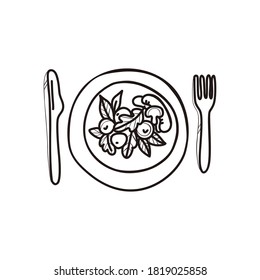 Healthy food plate, knife and fork. Vegetable salad and meat. Linear doodle style. Slimming and healthy eating concept. All elements are isolated on a white background. Vector. For print and web.